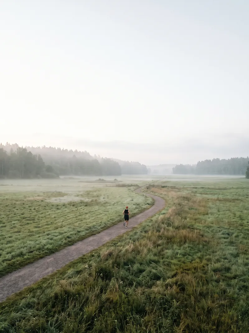 KI-generiertes Bild: Läufer mit oranger Kappe auf einem Feldweg im Morgennebel