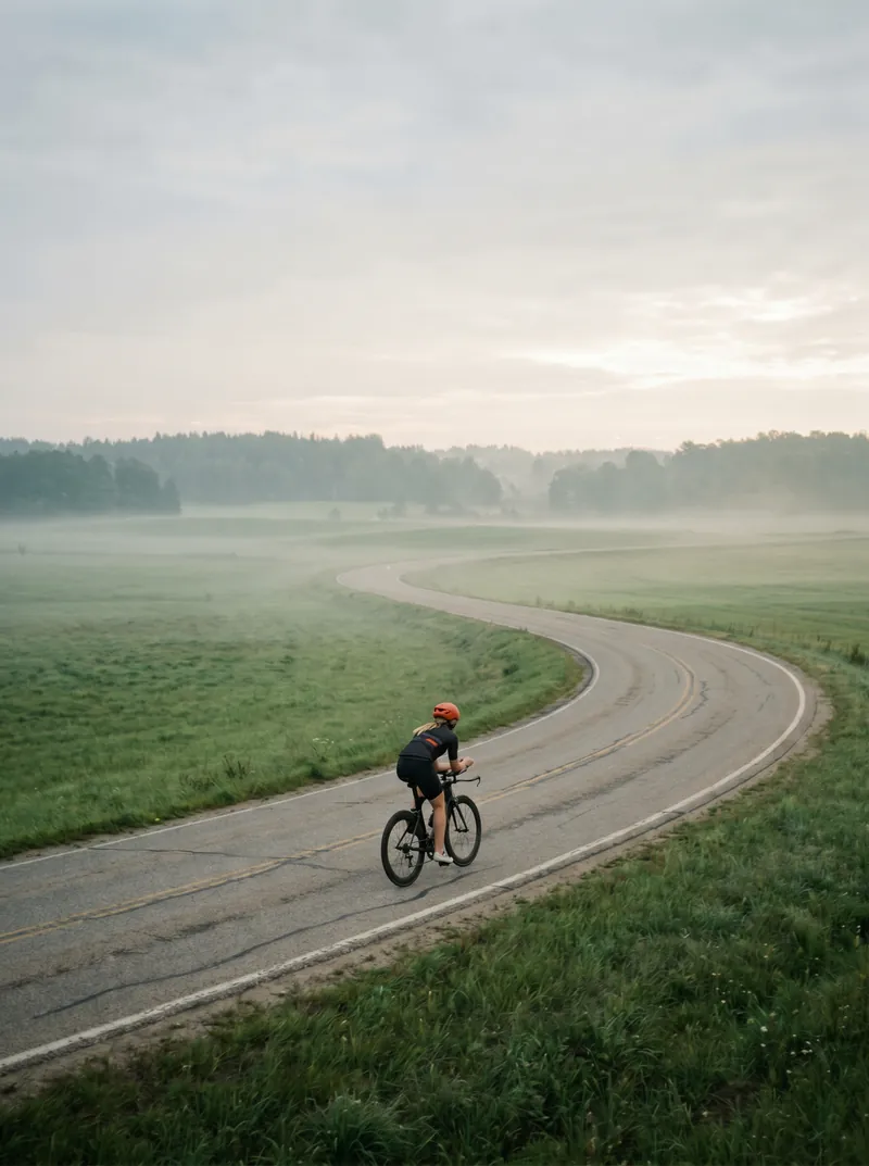 KI-generiertes Bild: Triathletin in schwarzem Suralo-Trikot und orangem Helm auf dem Zeitfahrrad, kurvige Straße im Nebel