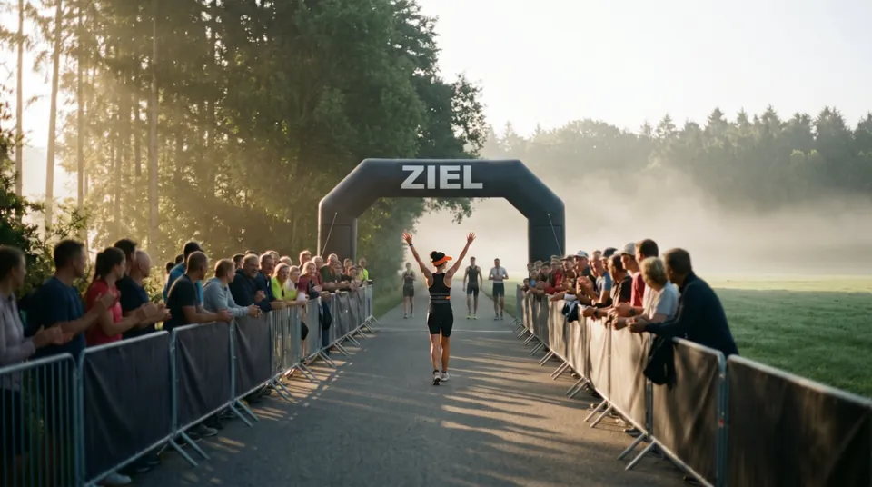KI-generiertes Bild: Triathletin mit orangem Visor läuft mit erhobenen Armen ins Ziel